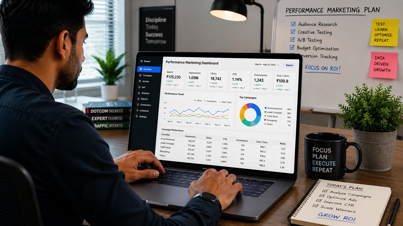 Performance marketer reviewing a live campaign dashboard