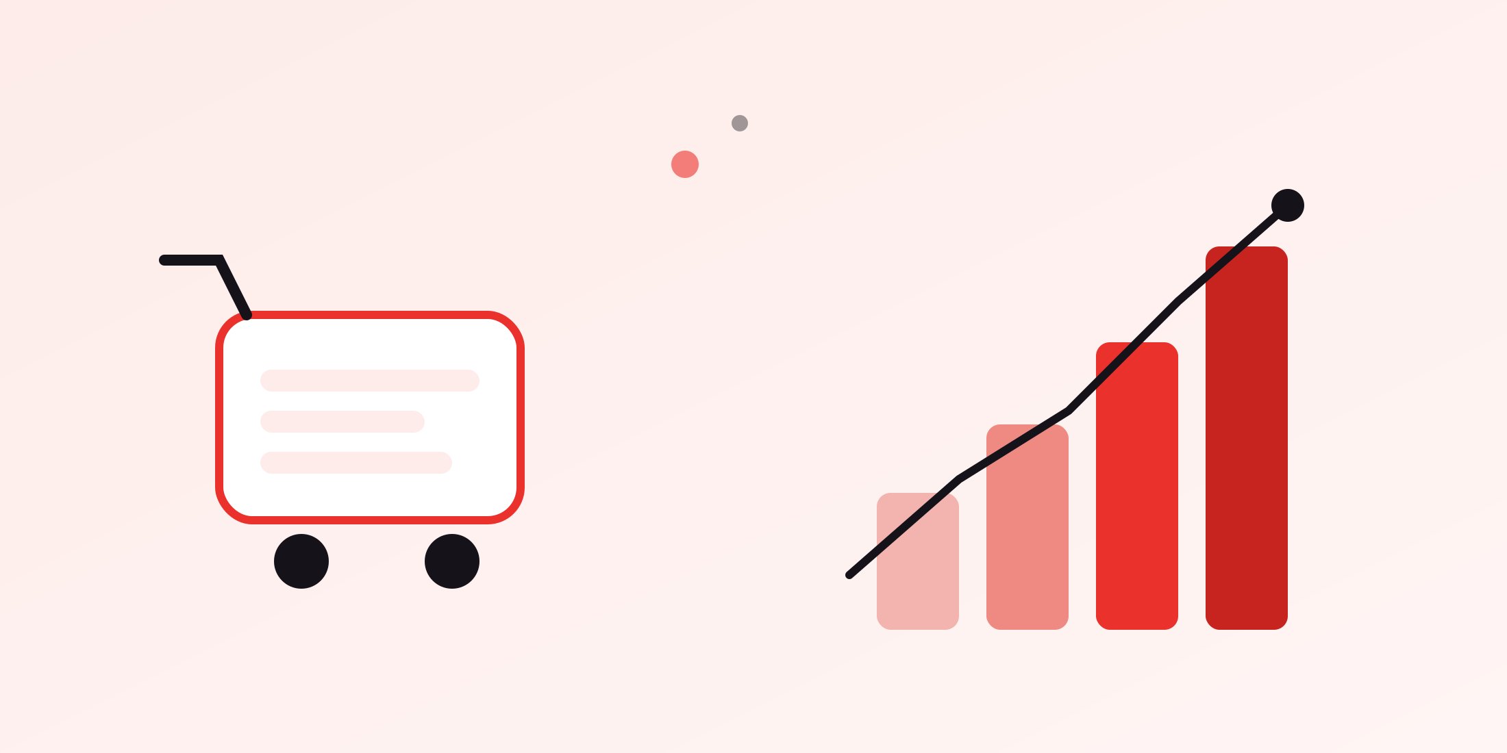 Illustration of a shopping cart icon next to a rising sales chart, representing D2C e-commerce performance marketing