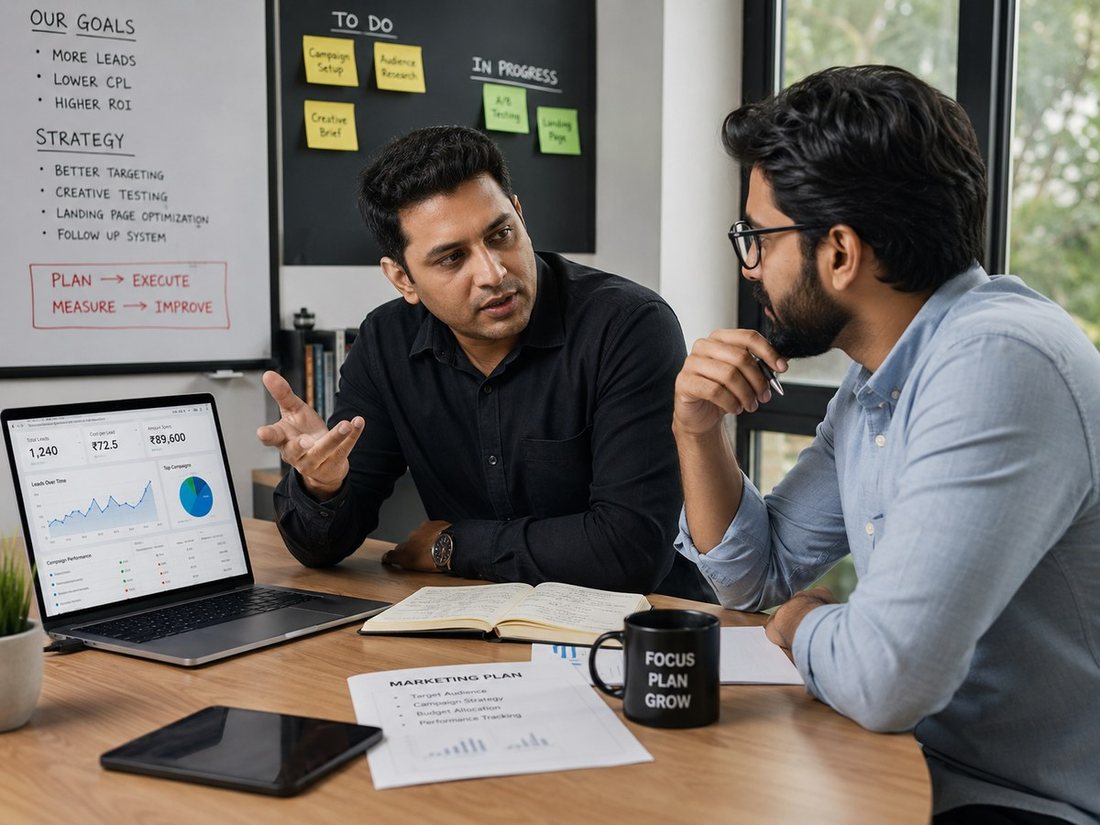 Business owner and freelance marketer reviewing a campaign strategy together