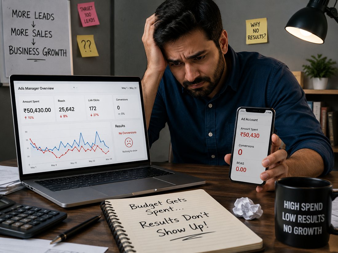 Business owner reviewing disappointing ad results with high spend and no conversions